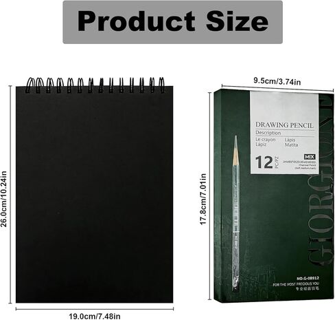 Sketchbook and Pencil Set - Spiral Bound Hardcover with 60 Sheets & 12 Charcoal Pencils (Hard/Medium/Soft) for Professional Artists and Beginners in Saudi Arabia