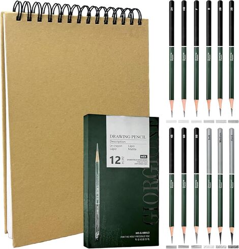 Sketchbook and Pencil Set - Spiral Bound Hardcover with 60 Sheets & 12 Charcoal Pencils (Hard/Medium/Soft) for Professional Artists and Beginners in Saudi Arabia