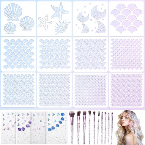 codree 26 Pcs Mermaid Scale Stencil Set, Mermaid Face Makeup Templates, Shell Starfish Fish Scale Stencils Mermaids Sticker Makeup Brushes for Women Girls Face Painting Wall Accessories in Saudi Arabia