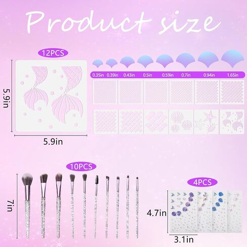 codree 26 Pcs Mermaid Scale Stencil Set, Mermaid Face Makeup Templates, Shell Starfish Fish Scale Stencils Mermaids Sticker Makeup Brushes for Women Girls Face Painting Wall Accessories in Saudi Arabia