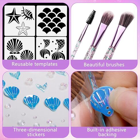 codree 26 Pcs Mermaid Scale Stencil Set, Mermaid Face Makeup Templates, Shell Starfish Fish Scale Stencils Mermaids Sticker Makeup Brushes for Women Girls Face Painting Wall Accessories in Saudi Arabia