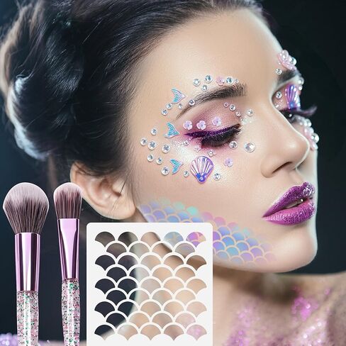 codree 26 Pcs Mermaid Scale Stencil Set, Mermaid Face Makeup Templates, Shell Starfish Fish Scale Stencils Mermaids Sticker Makeup Brushes for Women Girls Face Painting Wall Accessories in Saudi Arabia