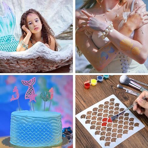 codree 26 Pcs Mermaid Scale Stencil Set, Mermaid Face Makeup Templates, Shell Starfish Fish Scale Stencils Mermaids Sticker Makeup Brushes for Women Girls Face Painting Wall Accessories in Saudi Arabia