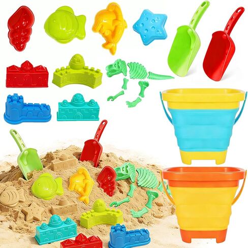 Foldable Beach Bucket and Shovel Set for Kids, 20PCS Sand Toys with Sand Molds (Castle, Dinosaur, Sea Animal) & Mesh Bag, Toddler Collapsible Outdoor Sand Toys for Beach, Sandbox, Pool, Summer Gift in Saudi Arabia