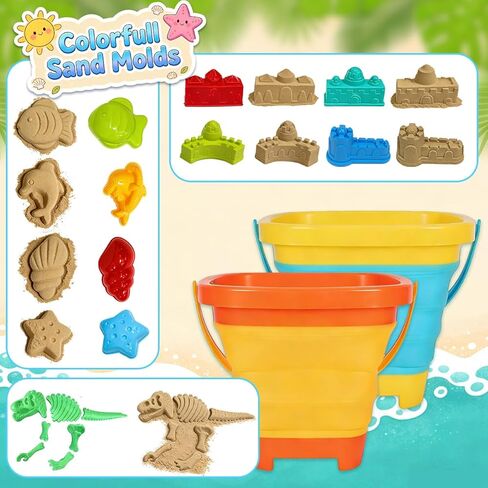 Foldable Beach Bucket and Shovel Set for Kids, 20PCS Sand Toys with Sand Molds (Castle, Dinosaur, Sea Animal) & Mesh Bag, Toddler Collapsible Outdoor Sand Toys for Beach, Sandbox, Pool, Summer Gift in Saudi Arabia