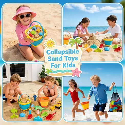 Foldable Beach Bucket and Shovel Set for Kids, 20PCS Sand Toys with Sand Molds (Castle, Dinosaur, Sea Animal) & Mesh Bag, Toddler Collapsible Outdoor Sand Toys for Beach, Sandbox, Pool, Summer Gift in Saudi Arabia