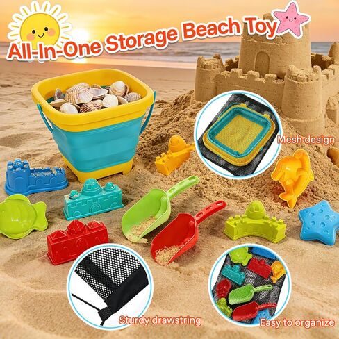Foldable Beach Bucket and Shovel Set for Kids, 20PCS Sand Toys with Sand Molds (Castle, Dinosaur, Sea Animal) & Mesh Bag, Toddler Collapsible Outdoor Sand Toys for Beach, Sandbox, Pool, Summer Gift in Saudi Arabia
