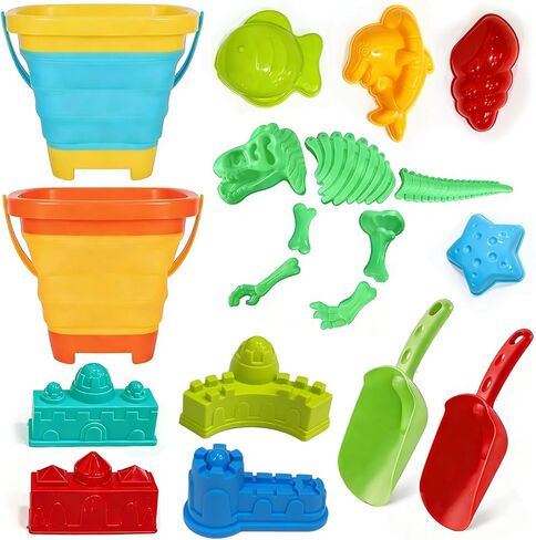 Foldable Beach Bucket and Shovel Set for Kids, 20PCS Sand Toys with Sand Molds (Castle, Dinosaur, Sea Animal) & Mesh Bag, Toddler Collapsible Outdoor Sand Toys for Beach, Sandbox, Pool, Summer Gift in Saudi Arabia