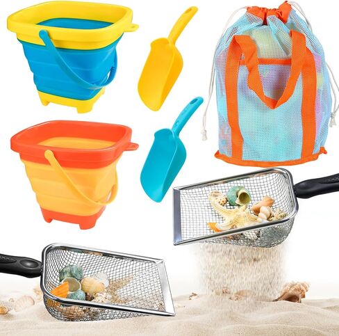 Beach Sand Toys Set for Kids, 2-Pack Collapsible Sand Buckets with 2 Metal Sifter & 2 Plastic Shovels & Mesh Bag | for Easter Egg Hunt Shell Collecting Castle Building Summer Travel in Saudi Arabia