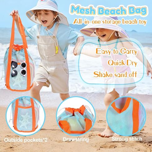 Beach Sand Toys Set for Kids, 2-Pack Collapsible Sand Buckets with 2 Metal Sifter & 2 Plastic Shovels & Mesh Bag | for Easter Egg Hunt Shell Collecting Castle Building Summer Travel in Saudi Arabia