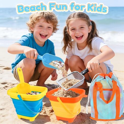 Beach Sand Toys Set for Kids, 2-Pack Collapsible Sand Buckets with 2 Metal Sifter & 2 Plastic Shovels & Mesh Bag | for Easter Egg Hunt Shell Collecting Castle Building Summer Travel in Saudi Arabia