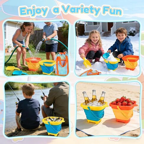 Beach Sand Toys Set for Kids, 2-Pack Collapsible Sand Buckets with 2 Metal Sifter & 2 Plastic Shovels & Mesh Bag | for Easter Egg Hunt Shell Collecting Castle Building Summer Travel in Saudi Arabia