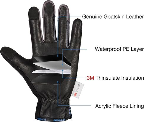 COOLJOB Waterproof Winter Sports Work Gloves for Men, Genuine Goatskin Leather with Fleece Lining, Thinsulate Warm Gloves for Freezer Below Zero in Saudi Arabia
