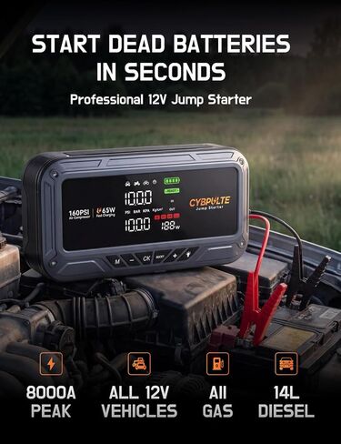 Jump Starter with Air Compressor, 8000A 160 PSI Portable Car Battery Jump Starter with LCD Display, 65W USB-C Fast Charging, All-in-One Emergency Jump Box for All Gas 14L Diesel in Kuwait