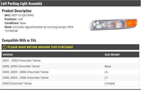 Left Driver Side Parking Light Assembly - with Side Marker and Running Lamps - Compatible with 2000-2006 Chevy Tahoe in Kuwait