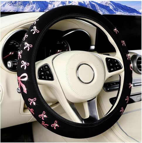 Car Elastic Stretch Steering Wheel Cover, 14.5-15" Cute Bow Breathable Non-Slip Steering Wheel Protector, Auto Interior Decor Accessories for Comfortable Driving, Universal Fit (Black/Pink) in Kuwait