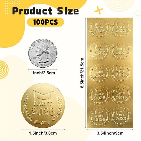 Graduation Stickers, 100 Pack Gold Foil Embossed Class of 2026 Graduation Stickers, Self-Adhesive Graduation Embossed Labels, Metallic Foil Envelopes Seals for Invitations Gift Candy Bag Party Favors in Kuwait