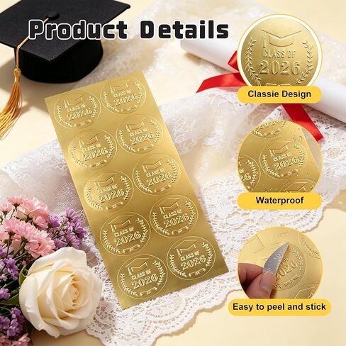 Graduation Stickers, 100 Pack Gold Foil Embossed Class of 2026 Graduation Stickers, Self-Adhesive Graduation Embossed Labels, Metallic Foil Envelopes Seals for Invitations Gift Candy Bag Party Favors in Kuwait