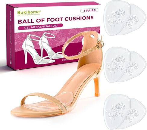 3-Pair Ball-of-Foot Cushions for High Heels Sandals Women - Bukihome Soft Gel Metatarsal Pads for Forefoot Pain Relief, Invisible Shoe Inserts Non-Slip Prevent Foot Sliding Forward (Clear) in Saudi Arabia