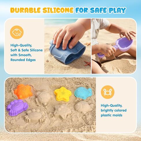 AuntyFey 11Pcs Silicone Beach Toys, Baby Beach Sand Toys, Sand Sandbox Toys for Toddlers 1-3, Collapsible Sand Buckets for Kids with 4 Plastic Sand Mold, 3 Silicone Castle Sand Mold and Mesh Bag in Saudi Arabia