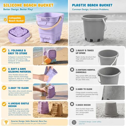 AuntyFey 11Pcs Silicone Beach Toys, Baby Beach Sand Toys, Sand Sandbox Toys for Toddlers 1-3, Collapsible Sand Buckets for Kids with 4 Plastic Sand Mold, 3 Silicone Castle Sand Mold and Mesh Bag in Saudi Arabia