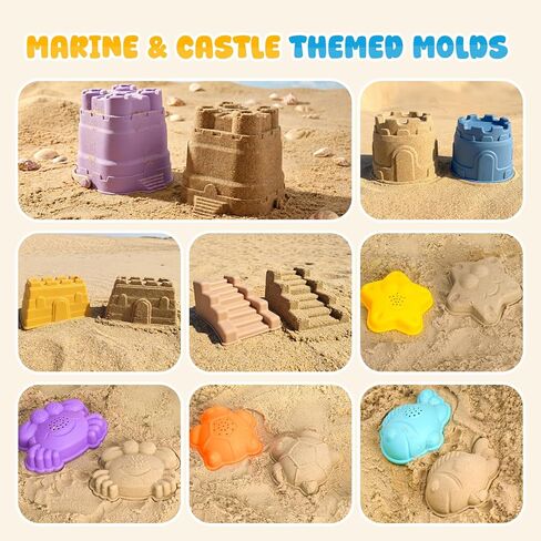 AuntyFey 11Pcs Silicone Beach Toys, Baby Beach Sand Toys, Sand Sandbox Toys for Toddlers 1-3, Collapsible Sand Buckets for Kids with 4 Plastic Sand Mold, 3 Silicone Castle Sand Mold and Mesh Bag in Saudi Arabia