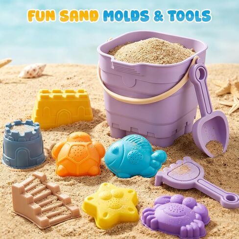AuntyFey 11Pcs Silicone Beach Toys, Baby Beach Sand Toys, Sand Sandbox Toys for Toddlers 1-3, Collapsible Sand Buckets for Kids with 4 Plastic Sand Mold, 3 Silicone Castle Sand Mold and Mesh Bag in Saudi Arabia