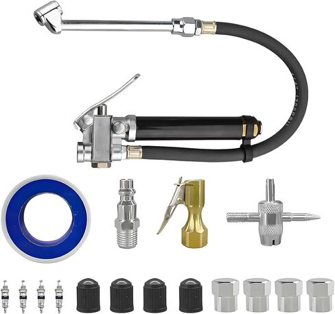 Heavy Duty Bayonet Style Tire Inflator with Air Chuck, 0-200PSI 17PCS Auto Tire Pressure Gauge with 4 Way Tool & Valve Core, Air Compressor Accessories, Universal for Sedan Truck SUV (Black) in Saudi Arabia