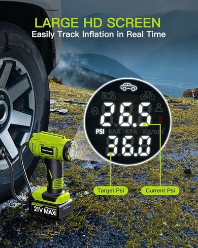Upgraded Tire Inflator Portable Air Compressor, 5X Faster Inflation, 21V Rechargeable Battery Powered Car Tire Pump w/12V DC Adapter, Large LED HD Display, Air Pump for Car Tires in Saudi Arabia