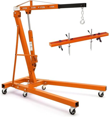 2 Ton Folding Hydraulic Engine Hoist with 59 in Load Leveler 4400 LBS Capacity Heavy Duty Cherry Picker 6 Swivel Wheels,Engine Support Bar 1100 LBS Capacity for Garage Workshop Warehouse Orange in Kuwait