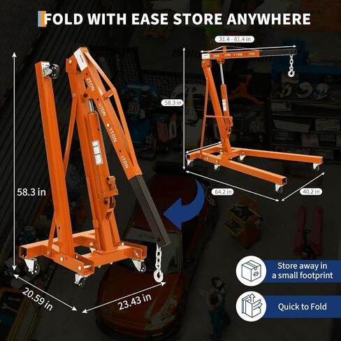 2 Ton Folding Hydraulic Engine Hoist with 59 in Load Leveler 4400 LBS Capacity Heavy Duty Cherry Picker 6 Swivel Wheels,Engine Support Bar 1100 LBS Capacity for Garage Workshop Warehouse Orange in Kuwait