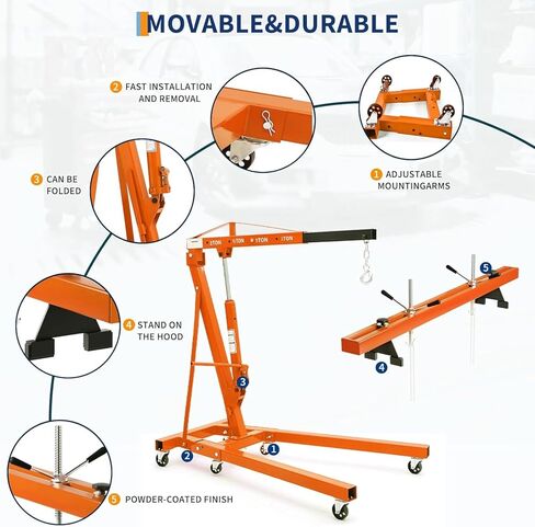 2 Ton Folding Hydraulic Engine Hoist with 59 in Load Leveler 4400 LBS Capacity Heavy Duty Cherry Picker 6 Swivel Wheels,Engine Support Bar 1100 LBS Capacity for Garage Workshop Warehouse Orange in Kuwait