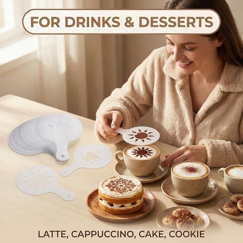 White 16Pcs Plastic Coffee Stencils Various Patterns Art DIY Mold Tools for Cappuccino Chocolate Latte Barista Template in Kuwait