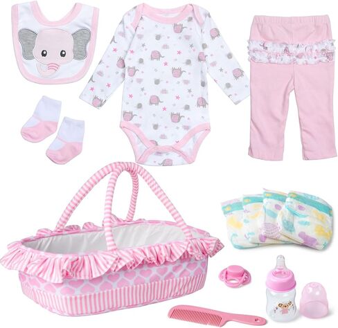 Reborn Baby Doll Clothes 18-22 Inch Pink Elephant Newborn Reborn Baby Clothes with Bassinet 20 inch Doll Accessories 12 Pcs Outfits in Kuwait