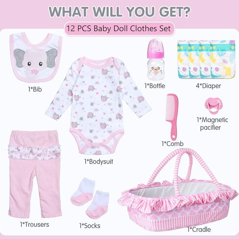 Reborn Baby Doll Clothes 18-22 Inch Pink Elephant Newborn Reborn Baby Clothes with Bassinet 20 inch Doll Accessories 12 Pcs Outfits in Kuwait