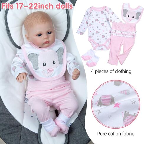 Reborn Baby Doll Clothes 18-22 Inch Pink Elephant Newborn Reborn Baby Clothes with Bassinet 20 inch Doll Accessories 12 Pcs Outfits in Kuwait