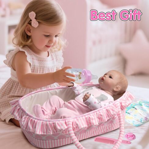 Reborn Baby Doll Clothes 18-22 Inch Pink Elephant Newborn Reborn Baby Clothes with Bassinet 20 inch Doll Accessories 12 Pcs Outfits in Kuwait