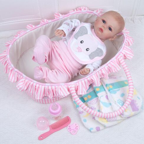 Reborn Baby Doll Clothes 18-22 Inch Pink Elephant Newborn Reborn Baby Clothes with Bassinet 20 inch Doll Accessories 12 Pcs Outfits in Kuwait