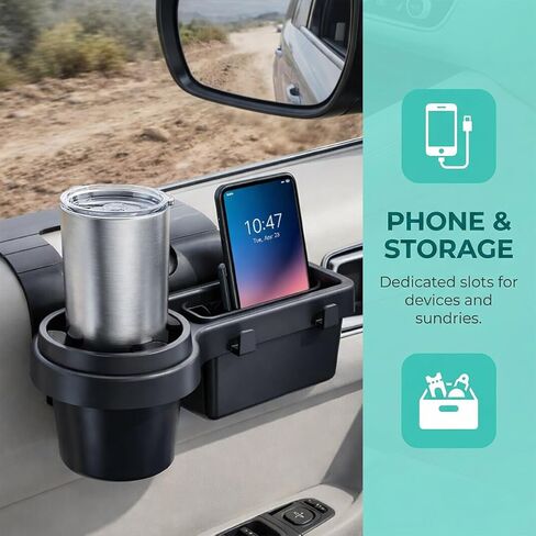 Car Window Organizer, Vehicle Side Door Storage Rack with 2.79 Inch Water Cup Phone Holder & Charging Port, Multifunctional Automotive Interior Organizer Accessories, Universal Fit in Kuwait