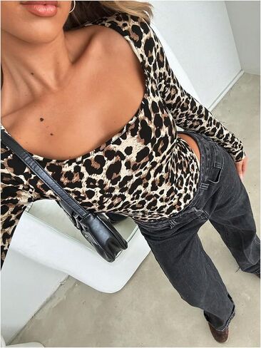Milumia Women's Leopard Print Bodysuit Square Neck Long Sleeve Slim Fit Ruched Jumpsuit Romper in Saudi Arabia