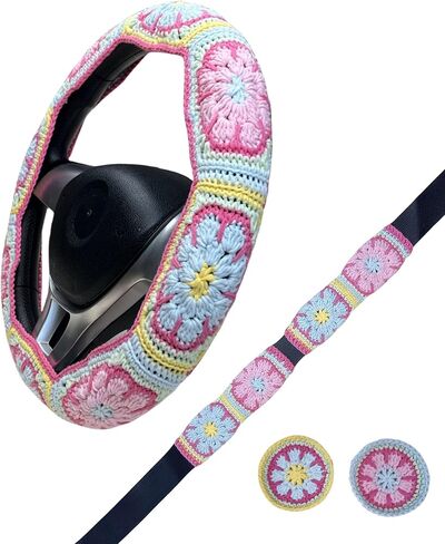 Handmade Crochet Pink Fower Granny Square Car Steering Wheel Covers Universal 14-15 inch for Women and Men (Steer Wheel Cover) in Kuwait