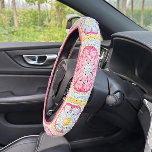 Handmade Crochet Pink Fower Granny Square Car Steering Wheel Covers Universal 14-15 inch for Women and Men (Steer Wheel Cover) in Kuwait