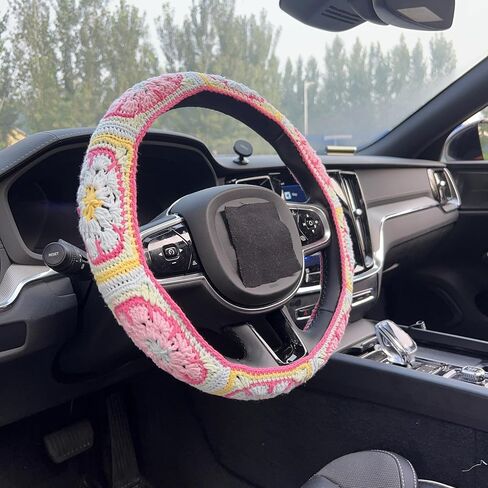 Handmade Crochet Pink Fower Granny Square Car Steering Wheel Covers Universal 14-15 inch for Women and Men (Steer Wheel Cover) in Kuwait