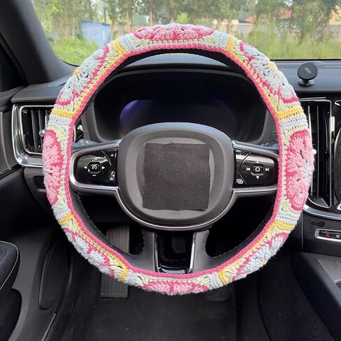 Handmade Crochet Pink Fower Granny Square Car Steering Wheel Covers Universal 14-15 inch for Women and Men (Steer Wheel Cover) in Kuwait