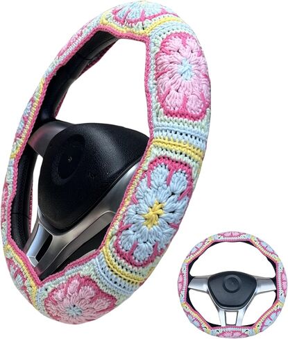 Handmade Crochet Pink Fower Granny Square Car Steering Wheel Covers Universal 14-15 inch for Women and Men (Steer Wheel Cover) in Kuwait
