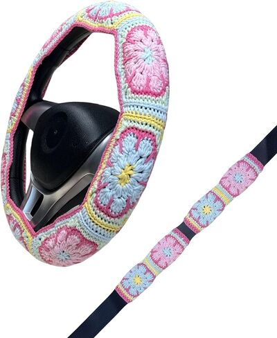 Handmade Crochet Pink Fower Granny Square Car Steering Wheel Covers Universal 14-15 inch for Women and Men (Steer Wheel Cover) in Kuwait