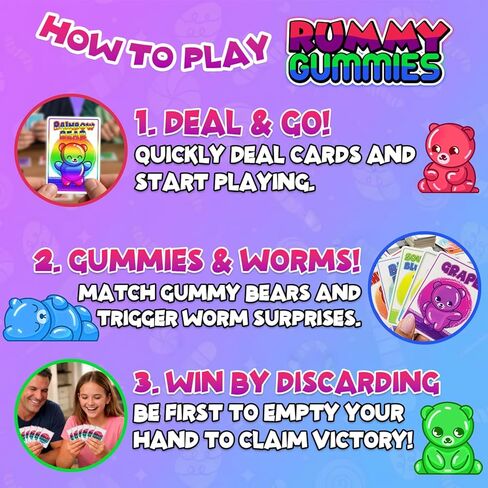Rummy Gummies – Exciting Family Card Game, 2-5 Players, Ages 8+, Colorful Gummy Bear & Worm Characters, Fast-Paced, Travel-Friendly Box in Kuwait
