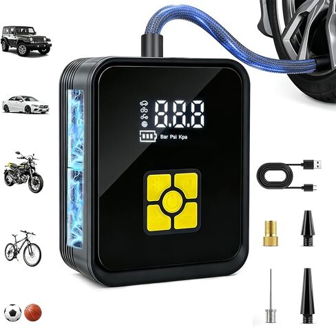 Tire Inflator Portable Air Compressor, Digital Air Pump With Auto Shut Off Electric Air Pump with LED Flashlight & Emergency Power Bank, Fits Car SUV Motorcycle Bicycle Sports Balls in Kuwait
