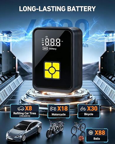 Tire Inflator Portable Air Compressor, Digital Air Pump With Auto Shut Off Electric Air Pump with LED Flashlight & Emergency Power Bank, Fits Car SUV Motorcycle Bicycle Sports Balls in Kuwait