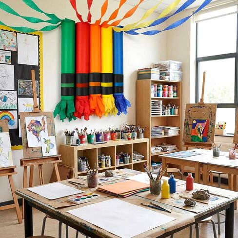5 Sets Rainbow Crayon Classroom Decor Crayon Paper Chain Garland Crepe Streamers Preschool Kindergarten Classroom DIY Crafts Hanging Decor for Back to School Daycare Playroom in Kuwait